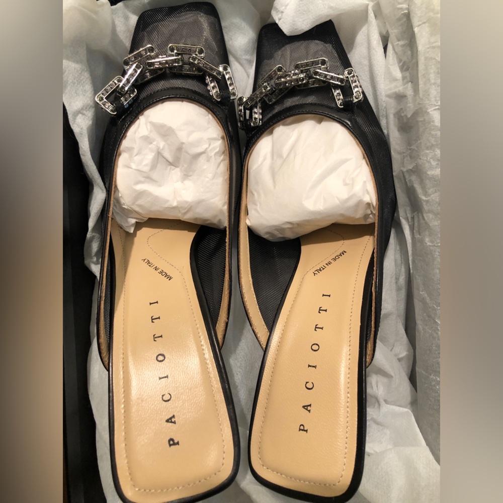 SOLD—NWT CESARE PACIOTTI Chain-embellished Leather-trimmed Mesh Mules, 7.5